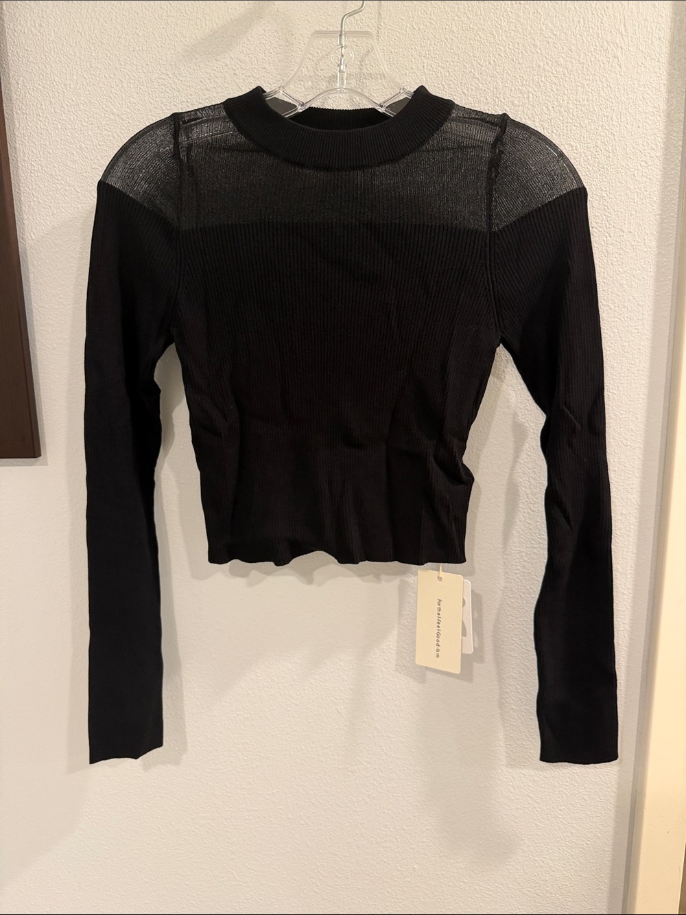 Commense Black Long-Sleeve Top with Sheer Yoke